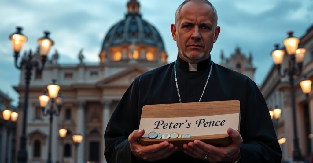 Ksiądz katolicki w tradycyjnym stroju stoi smutny przed Bazyliką Watykańską z otwartą skarbonką na ofiary 'Peter’s Pence', odmawiając wsparcia fałszywemu antypapieżowi Leonowi XIV.