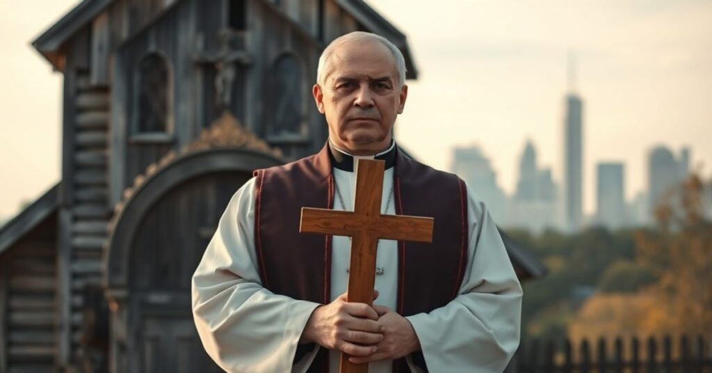 Tradycyjny ksiądz katolicki w ornaty stoi przed starym drewnianym kościołem, trzymając krzyż, wyraźnie prezentując ostrzeżenie wobec współczesnych zjawisk społecznych.