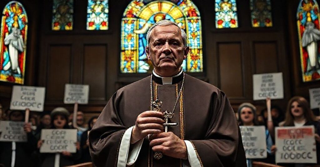 Ksiądz w tradycyjnych szatach liturgicznych stoi przed sądem z krzyżem, za nim protestujący z biblijnymi napisami na transparentach