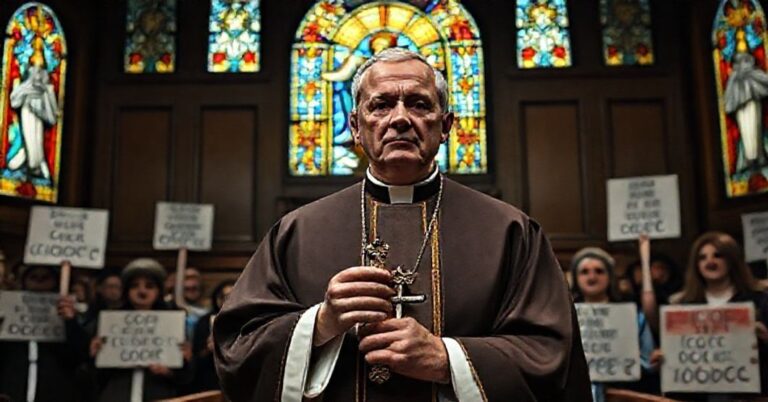 Ksiądz w tradycyjnych szatach liturgicznych stoi przed sądem z krzyżem, za nim protestujący z biblijnymi napisami na transparentach