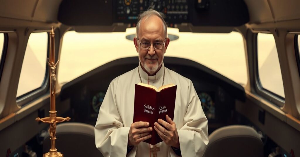 Tradycyjny ksiądz stojący przed ołtarzem z krucyfiksem i książką "Syllabus Errorum", z tłem kabiny samolotu symbolizującym zagrożenie DEI dla bezpieczeństwa.