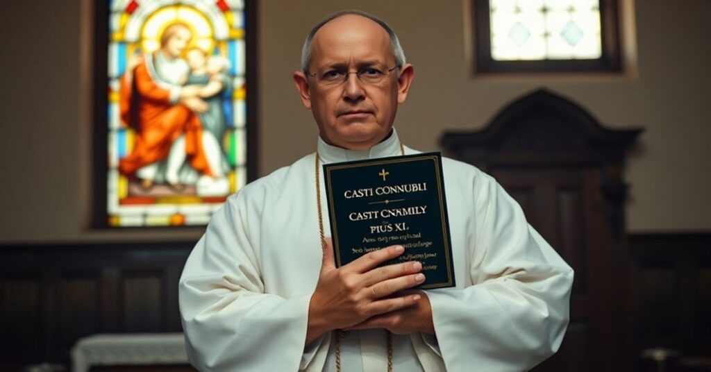 Ksiądz katolicki trzymający encyklikę "Casti Connubii" Piusa XI w tradycyjnym kościele.