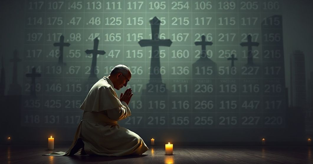 Tradycyjny ksiądz modlący się przed diagramem finansowym Watykanu symbolizującym korupcję duchową