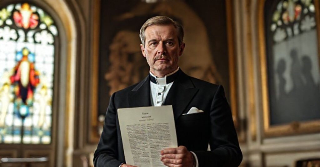 Portret Księcia Alberta II z Monako przed tradycyjnym kościołem katolickim, trzymający dokument dotyczący aborcji.