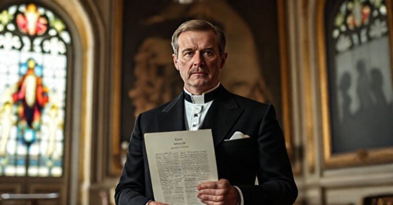 Portret Księcia Alberta II z Monako przed tradycyjnym kościołem katolickim, trzymający dokument dotyczący aborcji.