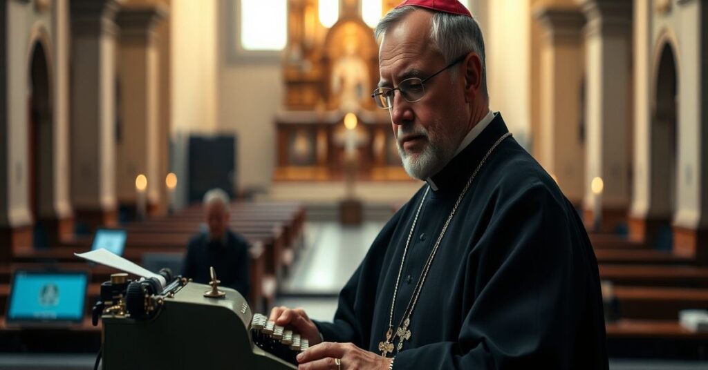 Ksiądz w tradycyjnych szatach liturgicznych stoi przed starym pisarzem w oświetleniu świecowym w tle widoczne są urządzenia cyfrowe.
