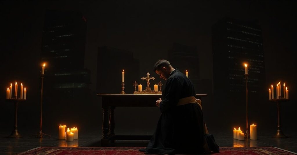 Tradycyjny katolicki ksiądz w ornatach modlący się przed ołtarzem z krzyżem i świecami na tle ciemnych budynków rządowych symbolizujących Kanadę i Chiny