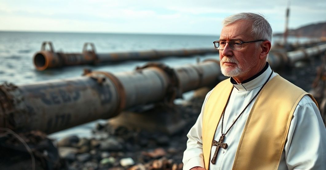 Ksiądz przed zniszczonym Nord Stream - katolicka perspektywa Katolicki ksiądz w tradycyjnym stroju przed zniszczonym rurociągiem Nord Stream, symbolizujący moralne konsekwencje politycznego pragmatyzmu.