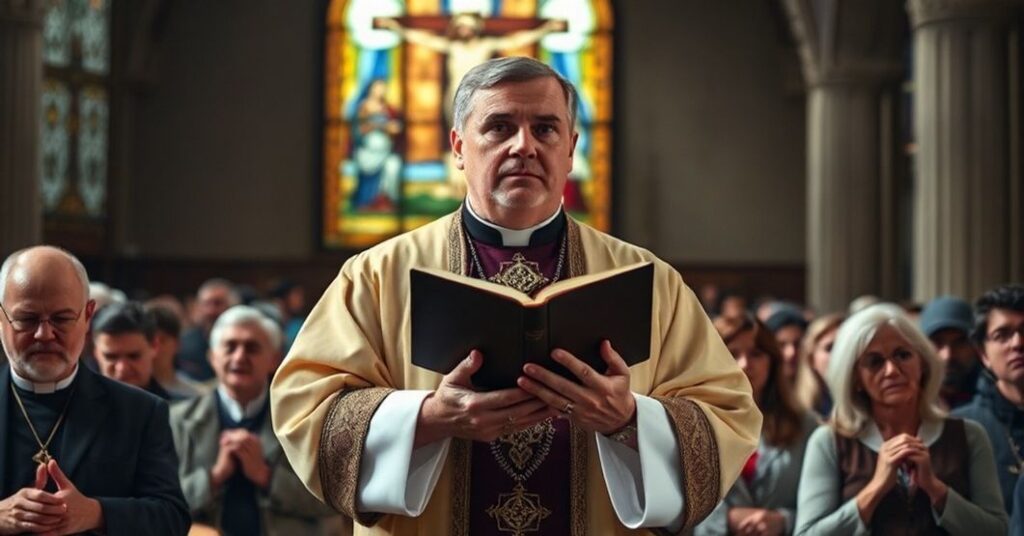 Tradycyjny katolicki ksiądz w ornacie przed zbiorem wiernych, poważnie ostrzegający przed eutanazją w Urugwaju.