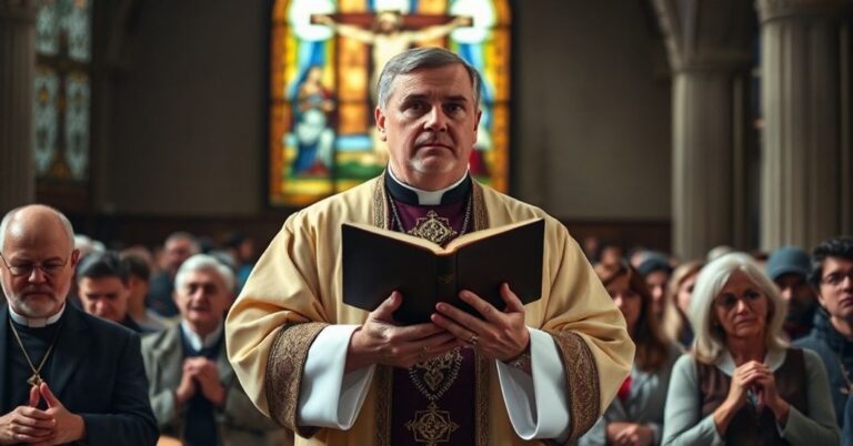 Tradycyjny katolicki ksiądz w ornacie przed zbiorem wiernych, poważnie ostrzegający przed eutanazją w Urugwaju.