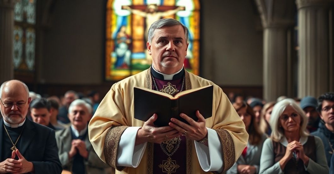 Tradycyjny katolicki ksiądz w ornacie przed zbiorem wiernych, poważnie ostrzegający przed eutanazją w Urugwaju.