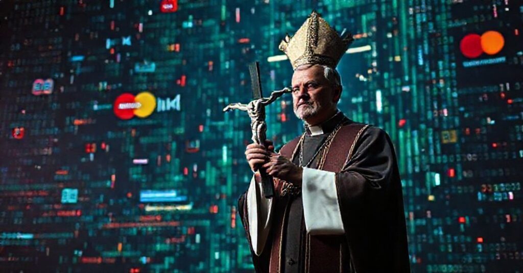 Ksiądz w stroju liturgicznym przed chaosem cyfrowym systemów finansowych