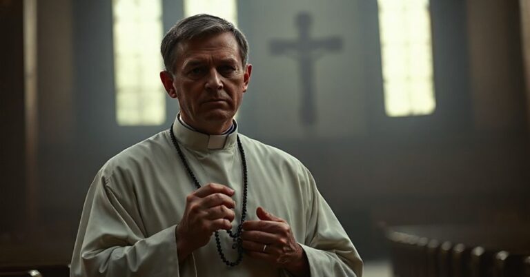 Ksiądz w starożytnej cerkwi z warkoczem w ręku, wyrażający smutek i troskę wobec aborcji