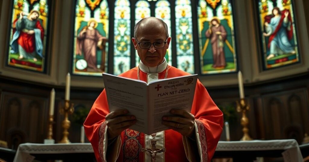 Książ w tradycyjnych szatach liturgicznych przed ołtarzem kośielnym, trzymający dokument 'Diecezja Lexington: Plan Net-Zero' i krucyfiks.