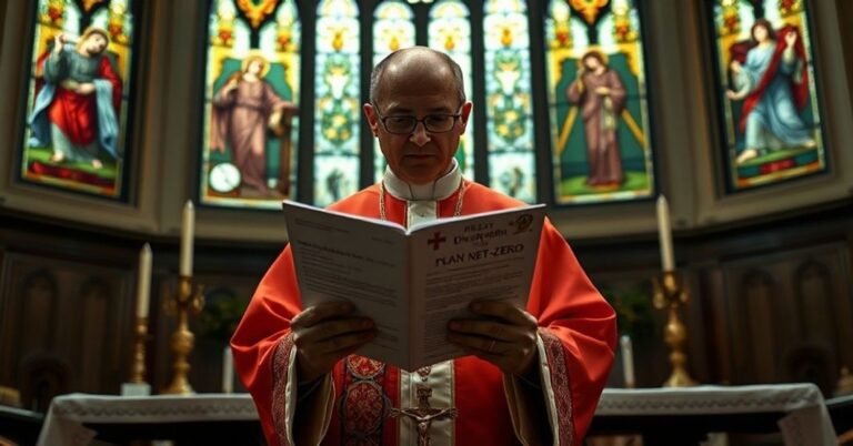 Książ w tradycyjnych szatach liturgicznych przed ołtarzem kośielnym, trzymający dokument 'Diecezja Lexington: Plan Net-Zero' i krucyfiks.
