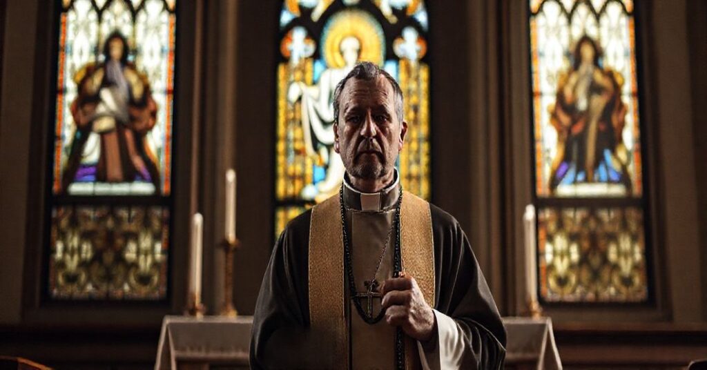 Ksiądz w tradycyjnych szatach stojący przed ołtarzem z różańcem w ręku, współczucie wobec moralnego upadku współczesnego świata
