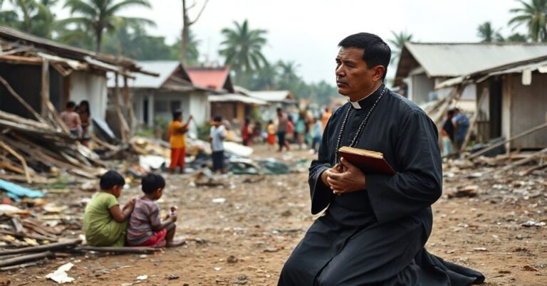 Ksiądz w sutannie modli się wśród ruin po tajfunie Kalmaegi na Filipinach, podkreślając brak duchowego wsparcia w współczesnej pomocy humanitarnej