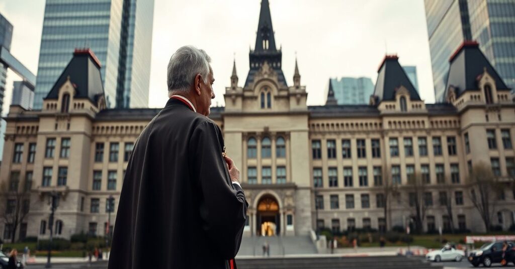 Ksiądz w tradycyjnych szatach kościelnych stoi przed budynkiem Parlamentu Kanadyjskiego, trzymając krzyż przed współczesnym pejzażem Toronta. Scena symbolizuje walkę wiary z cyfrowym targaniem wolności słowa.
