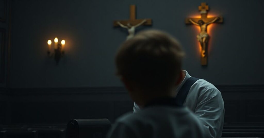 Tradycyjny katolicki książ w konfesjonału w modlitwie, z krzyżem w tle, symbolizujący moralną wagą sprawy osłonić dzieci.