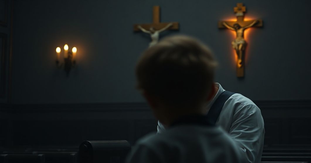 Tradycyjny katolicki książ w konfesjonału w modlitwie, z krzyżem w tle, symbolizujący moralną wagą sprawy osłonić dzieci.