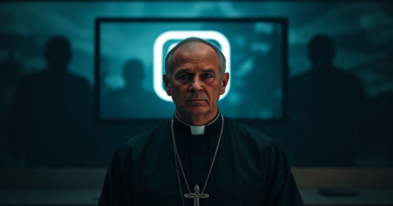 Katolicki książ w tradycyjnym sutannie stoi przed ekranem komputera wyświetlającego logo Instagrama, jego twarz oświetlona bladym światłem. W tle widoczna jest ciemna cyfrowa pejzaż z niejasnymi postaciami symbolizującymi zagrożenia. Wyraz twarzy książa jest poważny i troskliwy.
