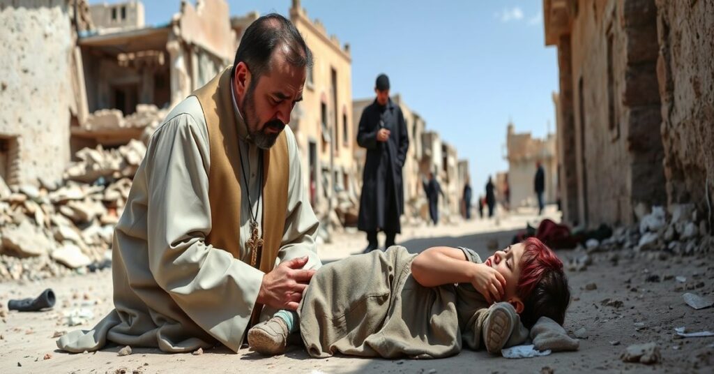 Książ w tradycyjnym stroju kościska modli się nad rannym dzieckiem w Strefie Gazy, symbolizując katolickie wyobrażenie pomocy humanitarnej.