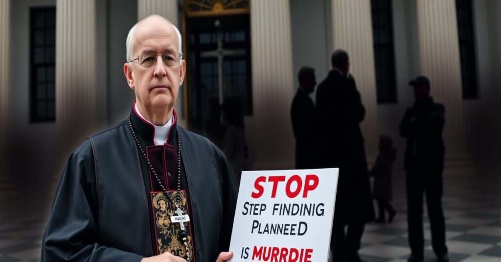 Ksiądz w tradycyjnym stroju liturgicznym protestujący przed budynkiem rządowym z napisem 'Zatrzymaj finansowanie Planned Parenthood - Aborcja to morderstwo'