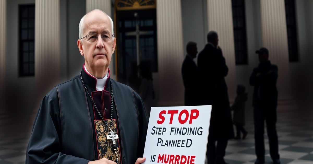 Ksiądz protestujący przeciwko finansowaniu Planned Parenthood Ksiądz w tradycyjnym stroju liturgicznym protestujący przed budynkiem rządowym z napisem 'Zatrzymaj finansowanie Planned Parenthood - Aborcja to morderstwo'