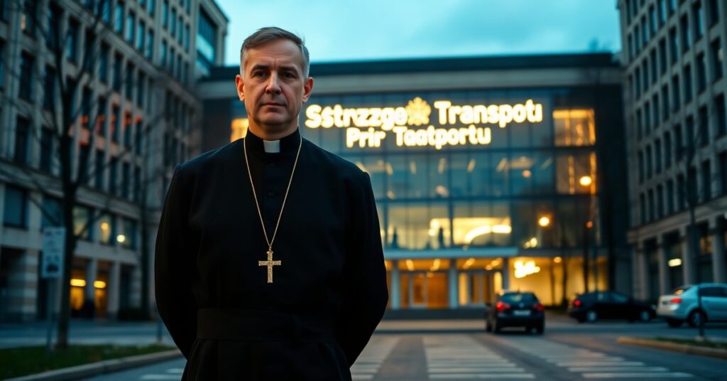 Kapłan katolicki w sutannie przed gmachem katowickiego ratusza z widoczną Strefą Czystego Transportu - symbolizuje porzucenie duchowego wymiaru przez Kościół w świeckim świecie
