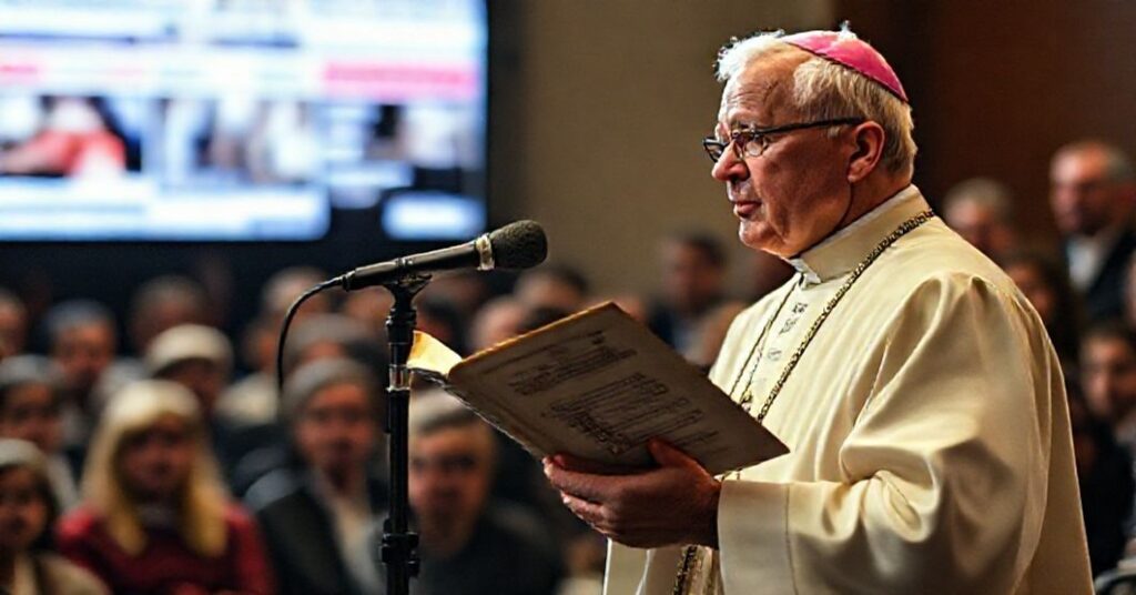 Książ w tradycyjnych szatach liturgicznych przemawia do tłumu medialnego z kopią Missalu łacińskiego, symbolizując konflikt wiary i nowoczesnej retoryki.