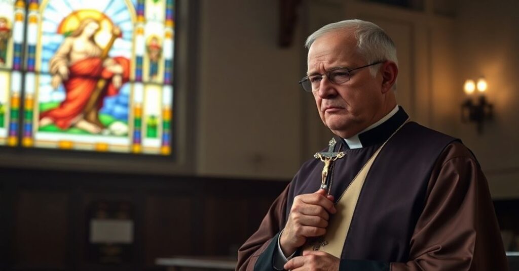 Książ w tradycyjnych szatach liturgicznych trzyma krucyfiks w ciemnej kościole z widokiem witrażu przedstawiającego ofiarę Chrystusa, obok karty medycznej z infografiką na temat eutanazji.