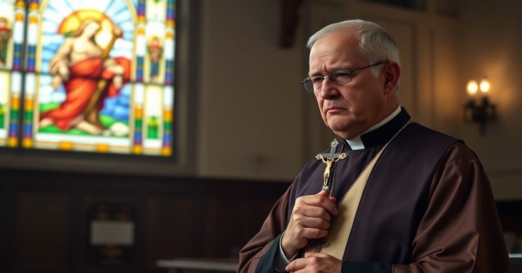 Książ w tradycyjnych szatach liturgicznych trzyma krucyfiks w ciemnej kościole z widokiem witrażu przedstawiającego ofiarę Chrystusa, obok karty medycznej z infografiką na temat eutanazji.