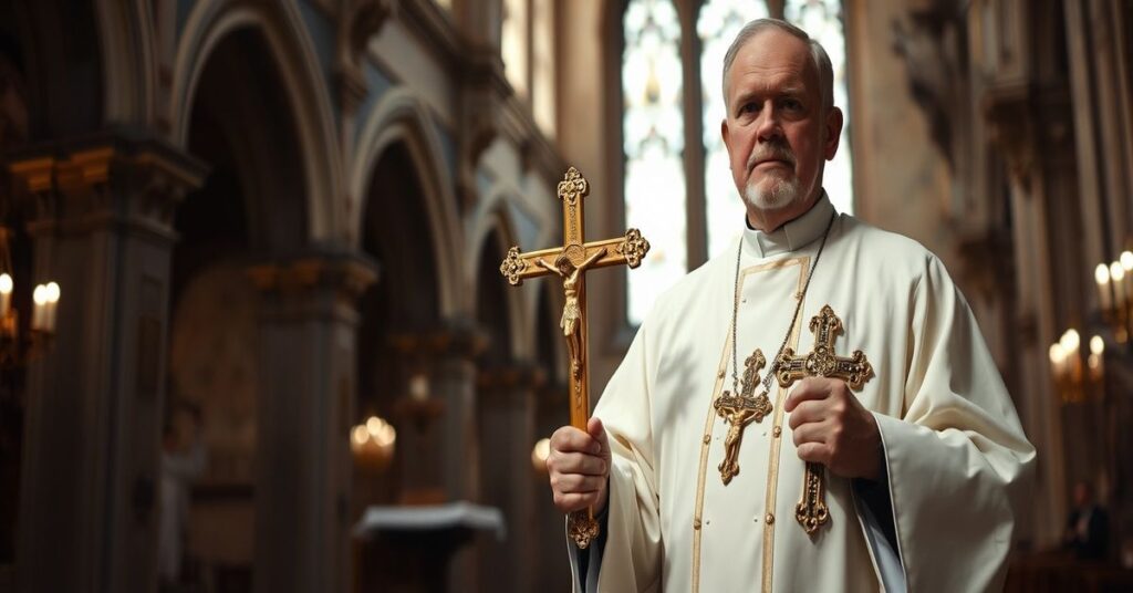 Katolicki książ w stroju liturgicznym trzyma krzyż w historycznej kościole z ornami architektonicznymi