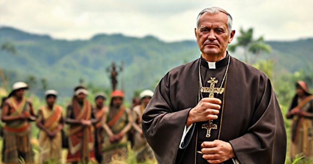 Tradycyjny katolicki ksiądz w ornacie stoi przed grupą rdzennych mieszkańców w tradycyjnych strojach, trzymając krzyż przed pogańskimi symbołami. Scena przedstawia walkę między prawdziwą ewangelizacją a fałszywym pojednaniem.