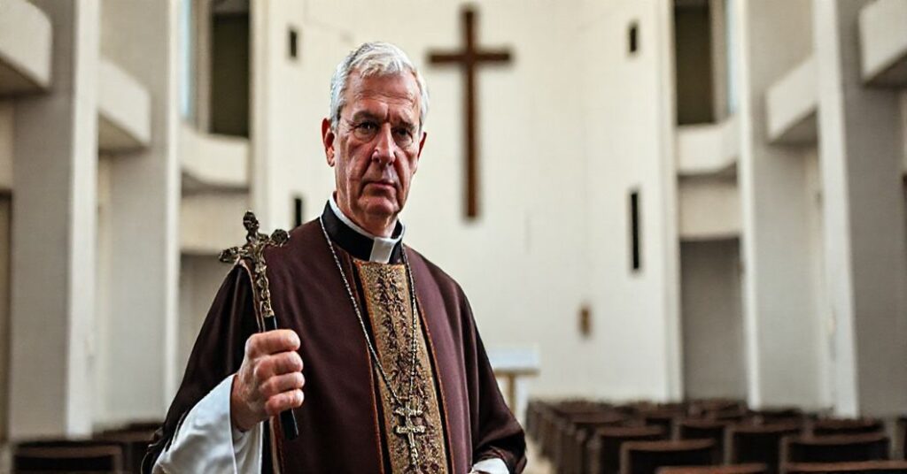 Katolicki książ w tradycyjnych ornatach stoi przed ołtarzem, trzymając krucyfiks, wyrażając głęboką troskę. Na tle nowoczesna, pustynia "cerkiew" symbolizuje upadek misji katolickiej.