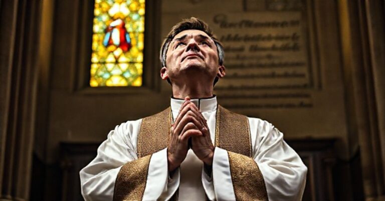 Kulturalny katolicki książ w ornacie modli się przed katedrą z napisem "Certamen Spirituale"