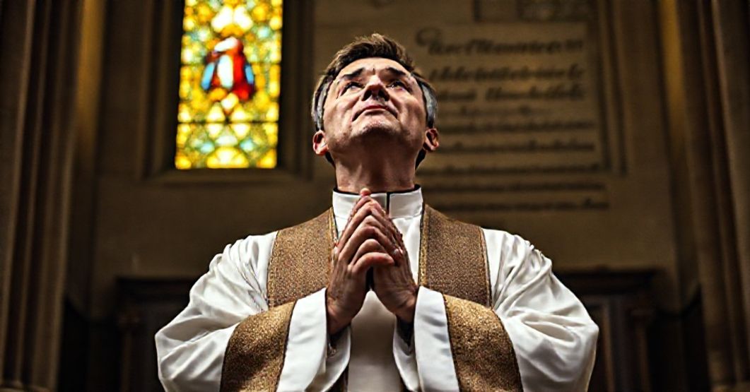 Kulturalny katolicki książ w ornacie modli się przed katedrą z napisem "Certamen Spirituale"