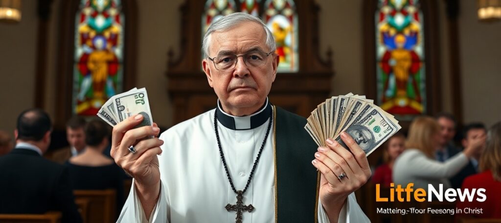 Katolicki ksiądz trzymający różaniec i gotówkę przed tradycyjnym kościełem w Kanadzie, symbolizujący obronę prywatności finansowej i godności ludzkiej przed cyfrową tyranią