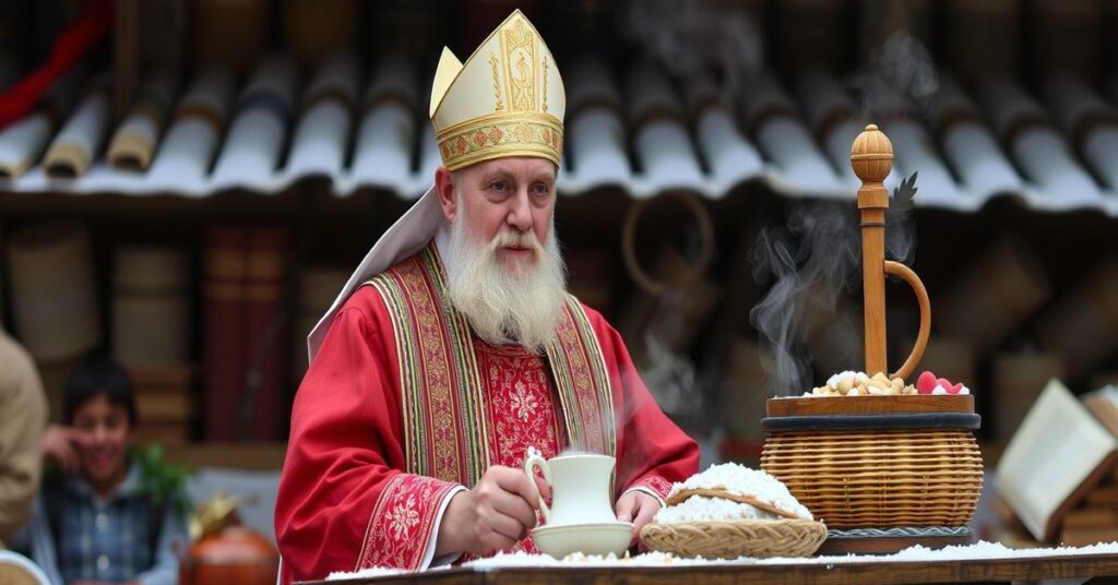 Stary katolicki ksiądz w tradycyjnym habicie stoi w ubogiej wiosce kakaowej w Ameryce Południowej, otoczony pracującymi rolnikami. Na tle widoczne są tropikalne lasy i krzyż z drewnem.