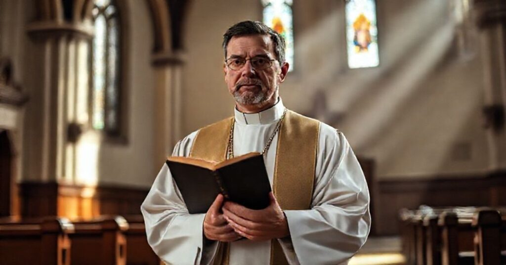 Ksiądz katolicki w tradycyjnej szacie liturgicznej stoi w kościele z Biblią. Scena promieniuje pokojem i powagą.