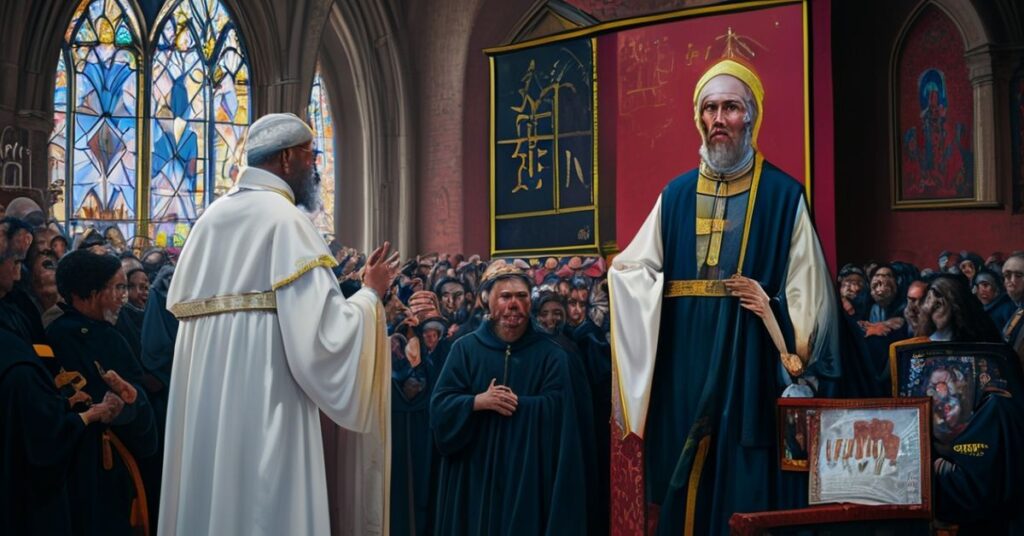 Ksiądz w tradycyjnych szatach kościelnych przemawia na marszu za życie przed tłem katedry gotyckiej, z tablicą 'Chrystus Król'