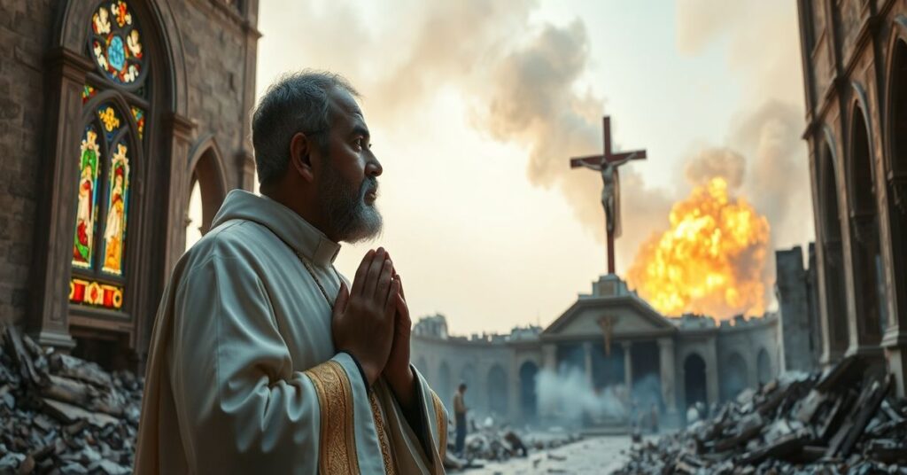 Ksiądz w tradycyjnych szatach modli się przed zniszczonym kościołem w Abu Zabi podczas wybuchów na Bliskim Wschodzie
