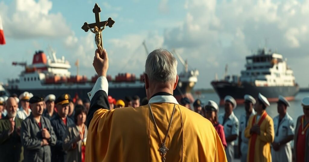 Katolicki ksiądz w tradycyjnych szatach przed portem kubańskim z rosyjskim tankowcem - symbolizuje moralność w polityce