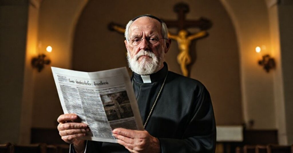 Oldenziejący ksiądz tradycjonalistyczny trzymający artykuł z Vatican News o nowoczesnej redukcji wiary katolickiej