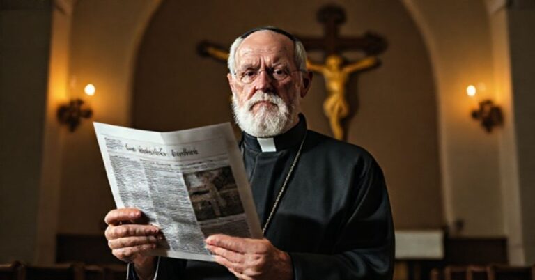 Oldenziejący ksiądz tradycjonalistyczny trzymający artykuł z Vatican News o nowoczesnej redukcji wiary katolickiej