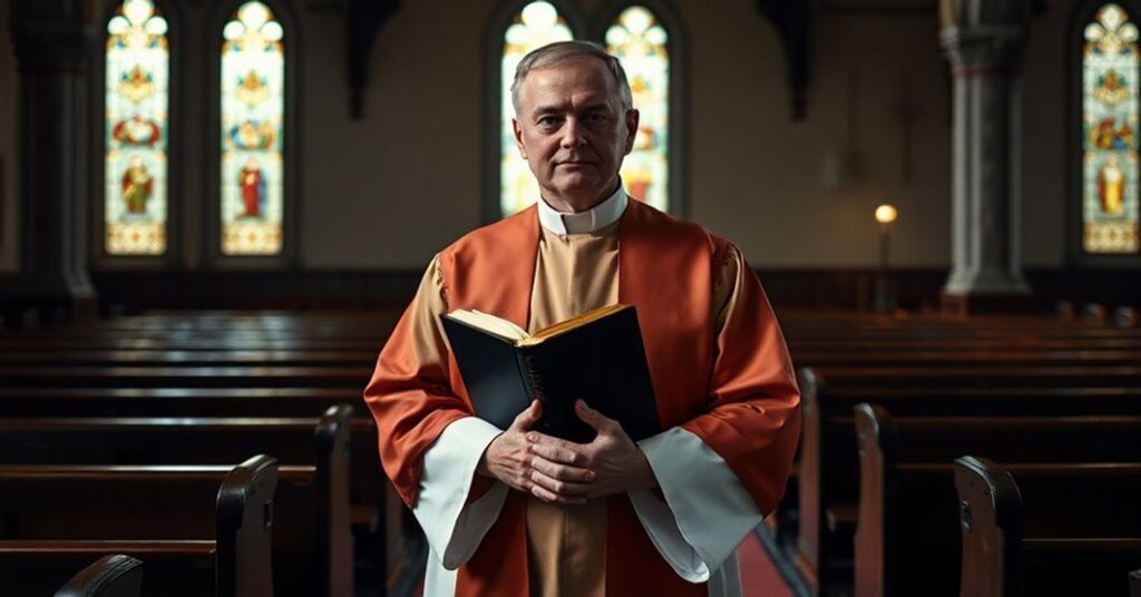 Solemny ksiądz w tradycyjnych ornatach trzymający zamkniętą Biblię w pustym kościele z witrażami