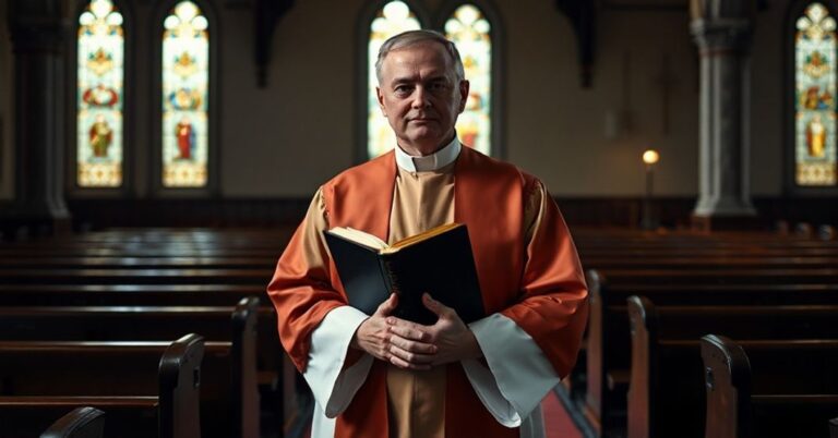 Solemny ksiądz w tradycyjnych ornatach trzymający zamkniętą Biblię w pustym kościele z witrażami