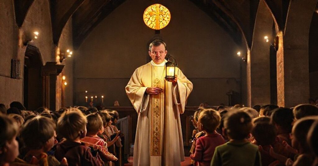Tradycyjny katolicki ksiądz w sutannie stoi w tradycyjnym kościele w obecności dzieci ubogich rodzin