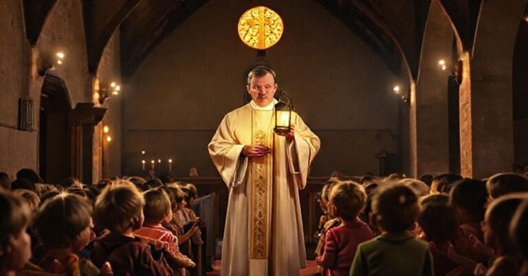 Tradycyjny katolicki ksiądz w sutannie stoi w tradycyjnym kościele w obecności dzieci ubogich rodzin