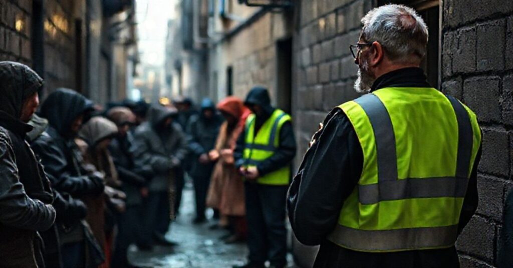 Ksiądz w tradycyjnych szatach kapłańskich stoi przed grupą bezdomnych w ciemnej uliczce w Warszawie, oferując duchową pomoc. Na tle widoczny jest pracownik socjalny w kamizelce odblaskowej, który ignoruje aspekt duchowy.